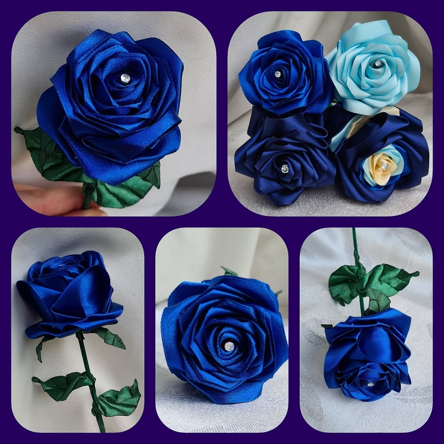 Gorgeous Handmade Royal Blue Ribbon Rose - Long Stem Artificial Flower Gift