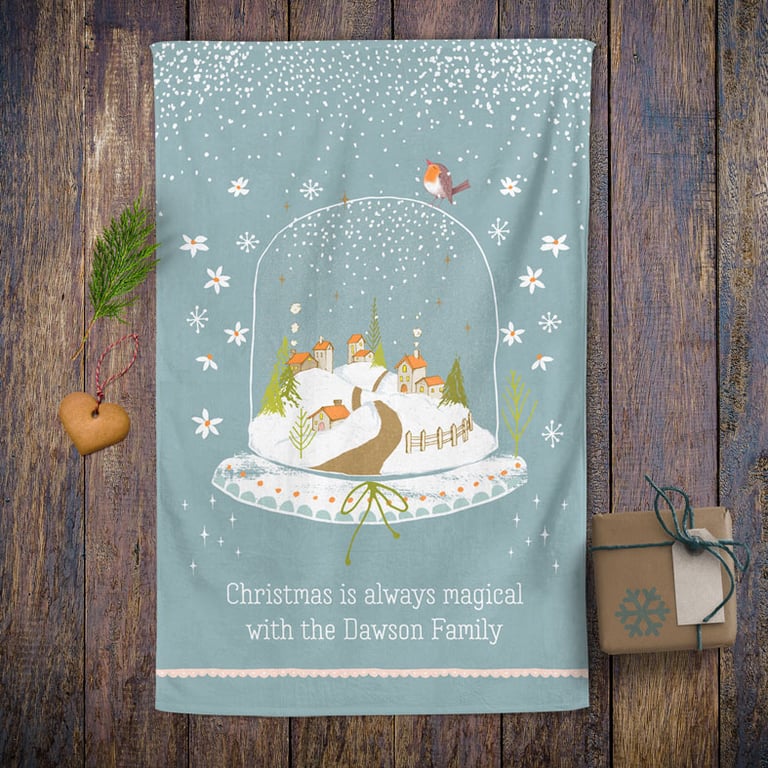 Snowglobe Personalised Christmas Tea Towel - 100% cotton Kitchen Gift