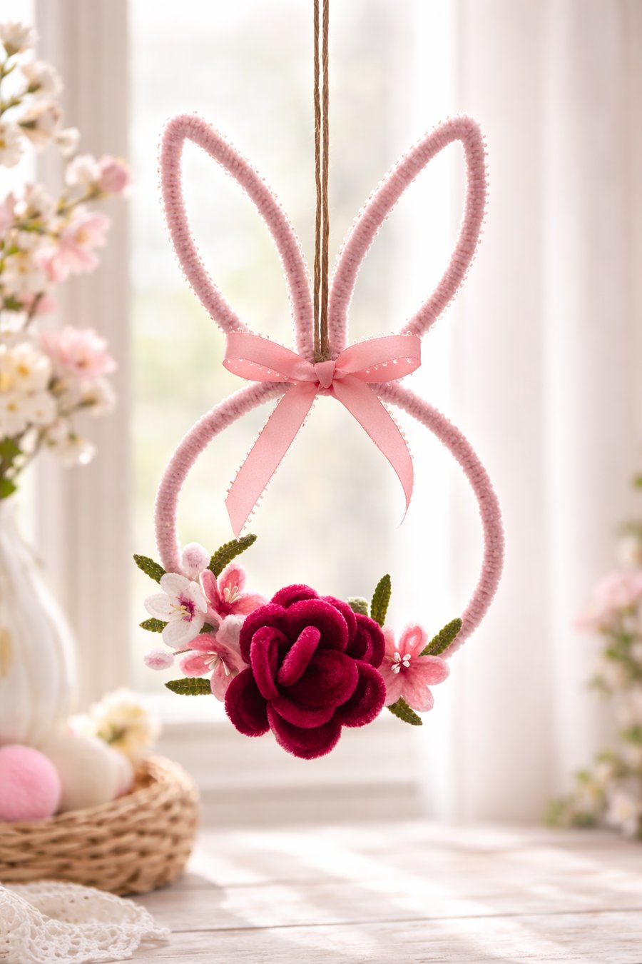 Handmade Floral Bunny Hoop Decoration – Pipe Cleaner Bunny with Rose
