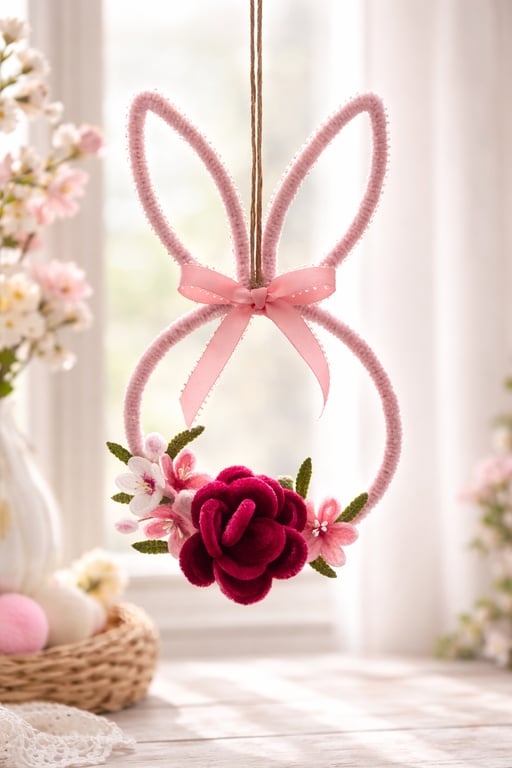 Handmade Floral Bunny Hoop Decoration – Pipe Cleaner Bunny with Rose