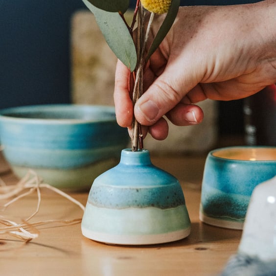Handmade Ceramic Bottle Bud Vase - glazed in sea colours, turquoises and blues