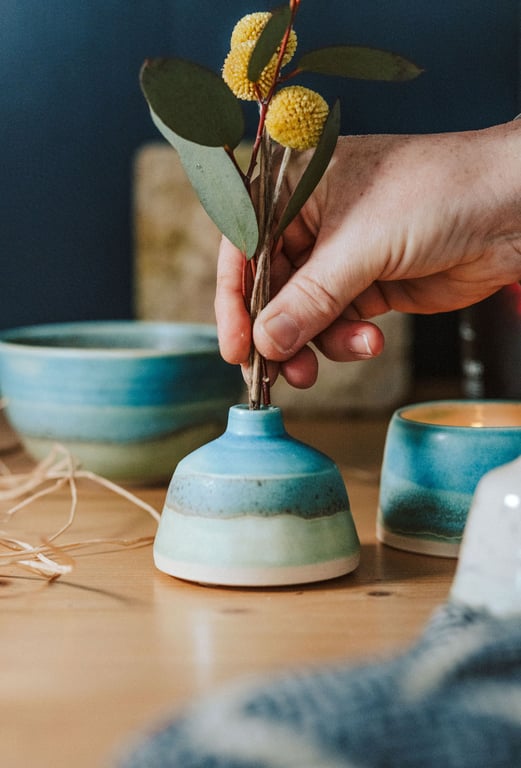 Handmade Ceramic Bottle Bud Vase - glazed in sea colours, turquoises and blues