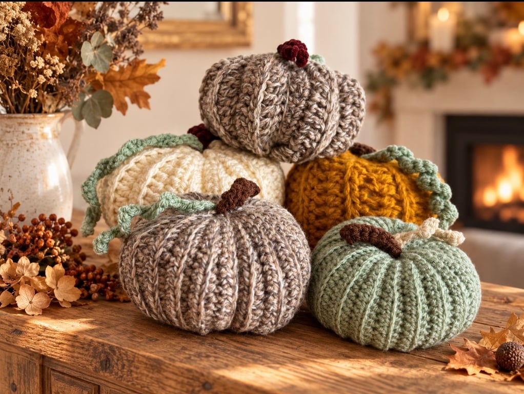Set of 5 Handmade Crochet Autumn Pumpkins in Mustard, Sage & Marled Grey
