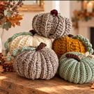 Set of 5 Handmade Crochet Autumn Pumpkins in Mustard, Sage & Marled Grey