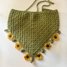 Sunflower Crochet Bandana Headscarf  Green Boho Summer Festival Tie Back