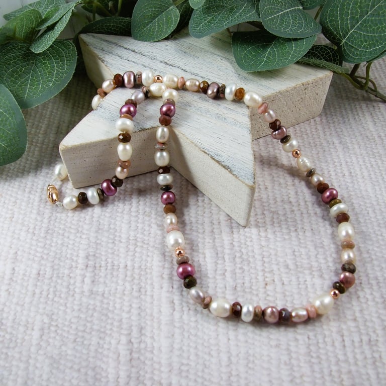Pearl and Gemstone Neutrals Necklace with Rose Gold Accents