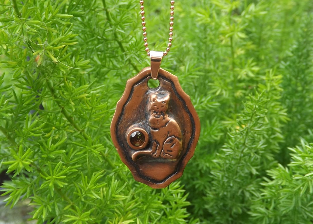 Copper Cat on Picture Frame Pendant Necklace with Smoky Quartz Gemstone.
