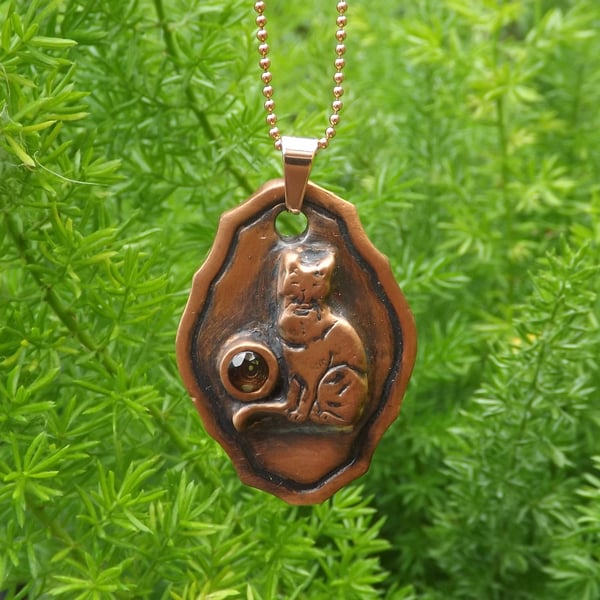 Copper Cat on Picture Frame Pendant Necklace with Smoky Quartz Gemstone.