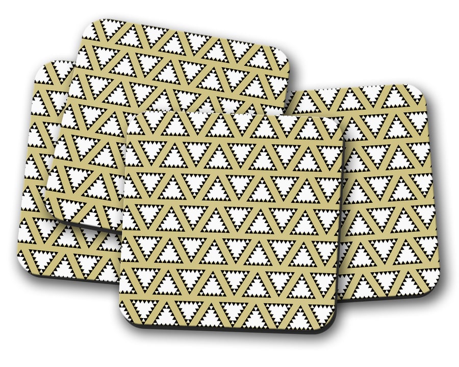 Set of 4 Gold with White and Black Triangle Design Coasters