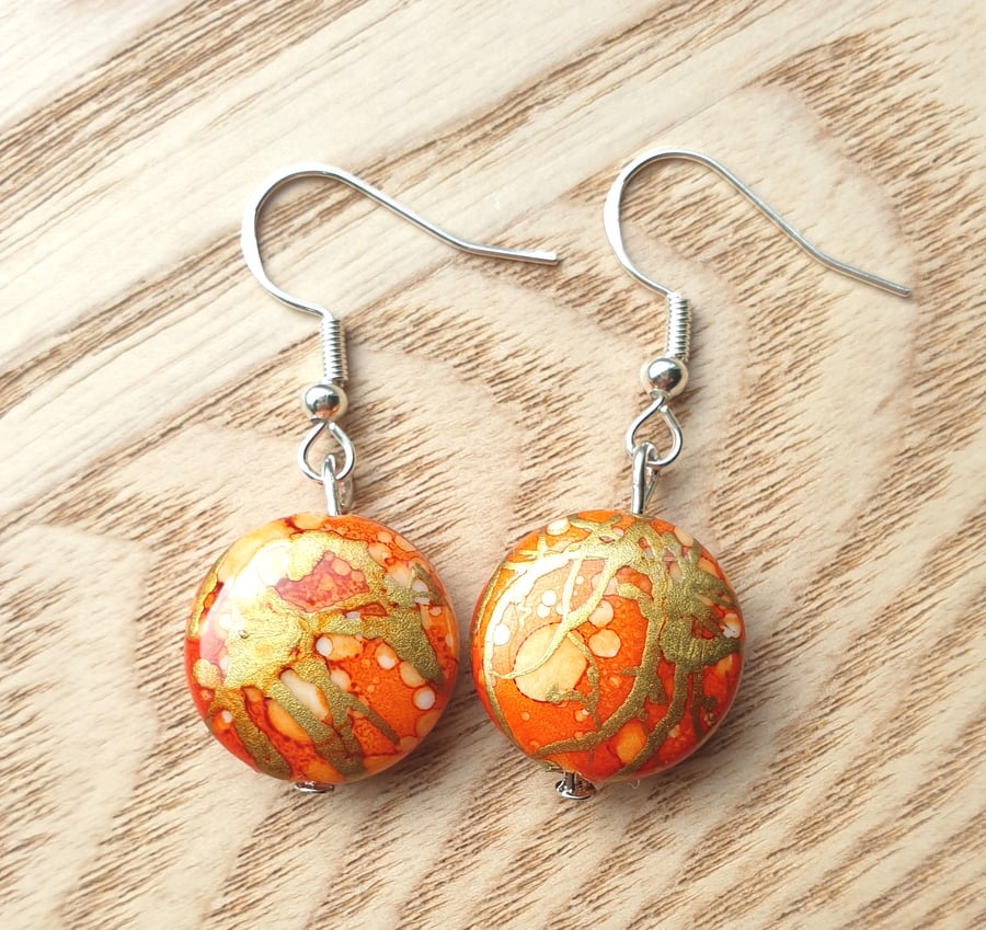 Orange and Gold Mottle Pattern Bead Earrings on 925 Silver-Plated Ear Wires