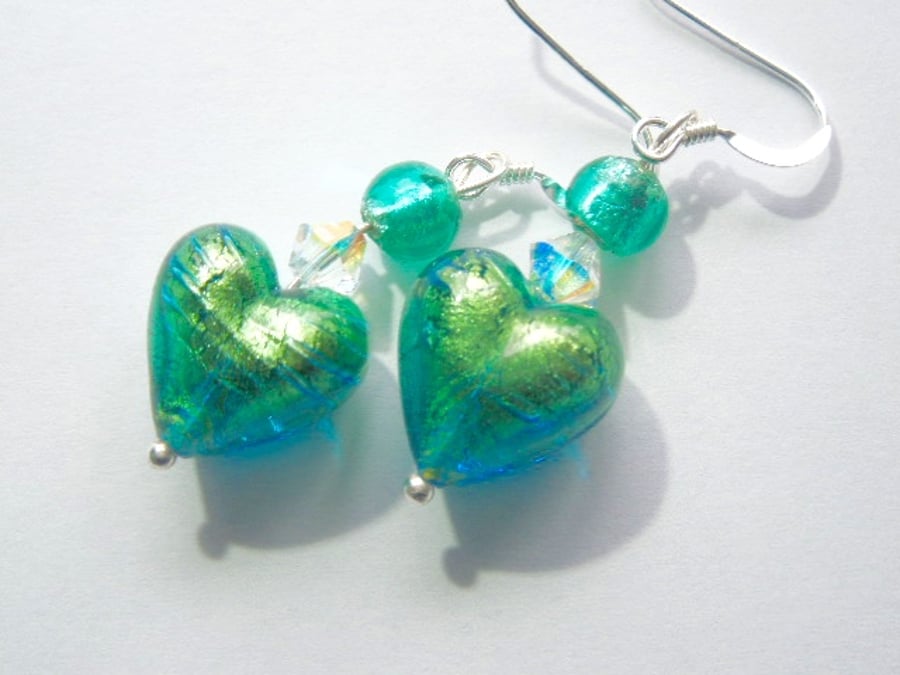 Green Murano glass heart earrings with Swarovski crystal and sterling silver,