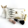 Cosmetic Bag, Make up Bag with Bee, Fern and Golden Yellow Flowers