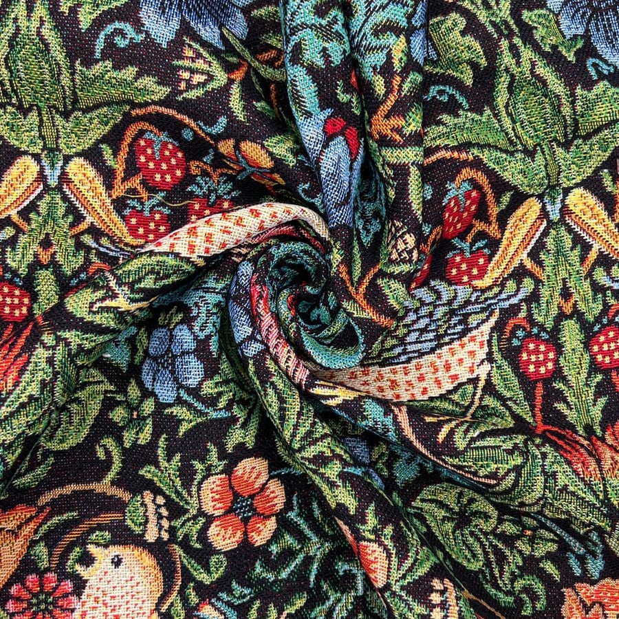 Upholstery Fabric - Strawberry Thief Black - William Morris Design Luxury Weight