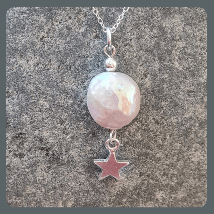Sterling Silver Freshwater Pearl 'Moon' and Star Necklace