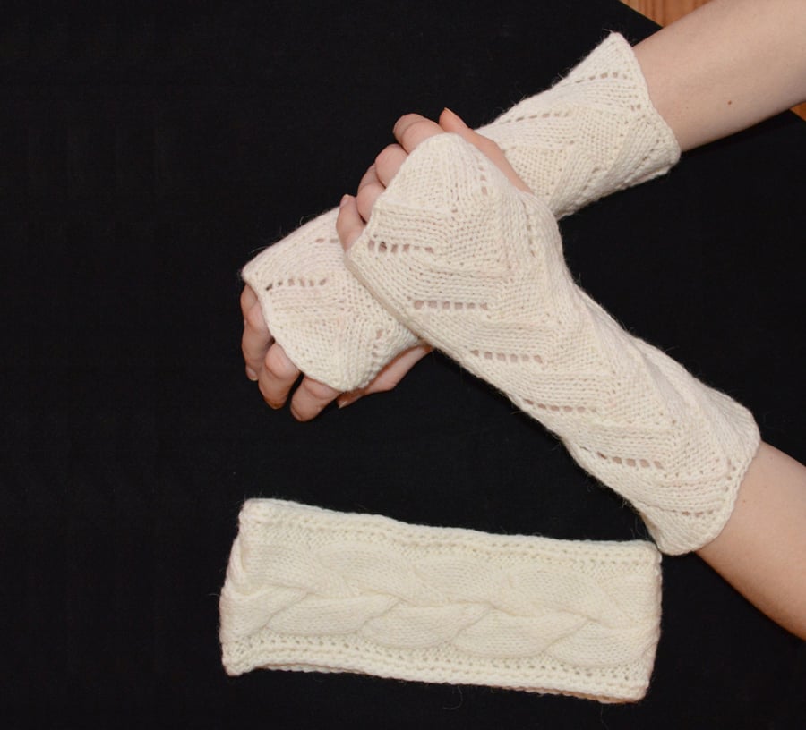Woolen matching Headband & Wrist Warmers, Fancy pattern fingerless gloves white