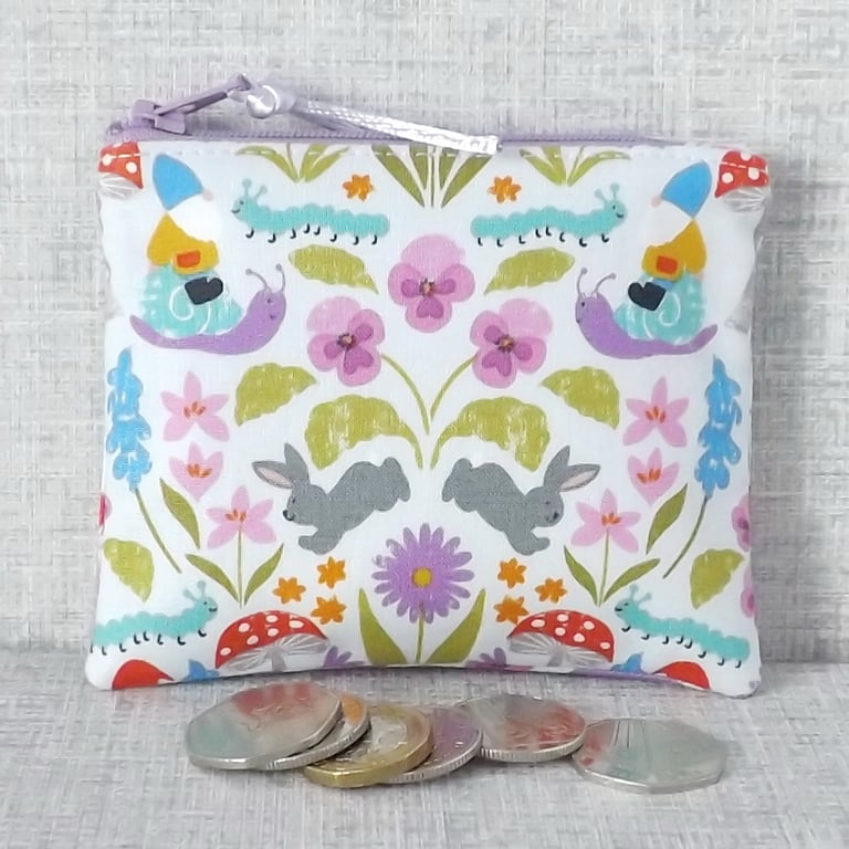 Small purse, coin purse, gnomes, mushrooms, bunnies