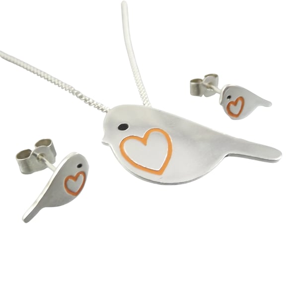 Robin jewellery set - large pendant and stud earrings (sterling silver)