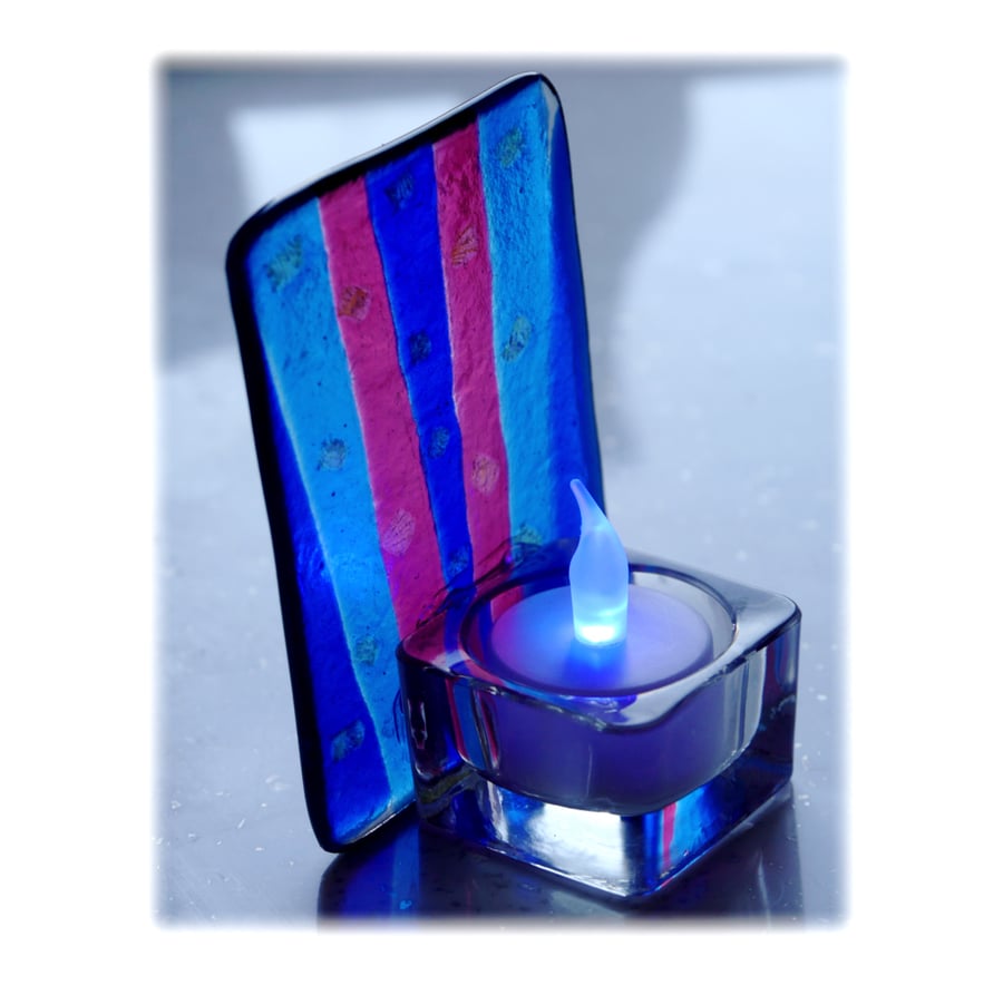 Candle Holder Fused Glass Tea-light  Blue Flare 003 Dichroic