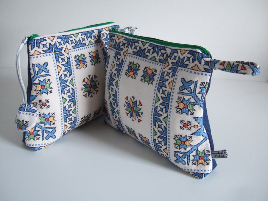 Geometric vintage embroidery, make up bag or clutch. Present for Mum.