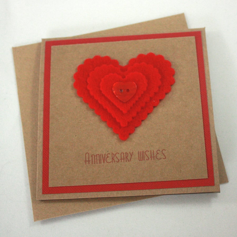 Handmade anniversary card  - red felt hearts