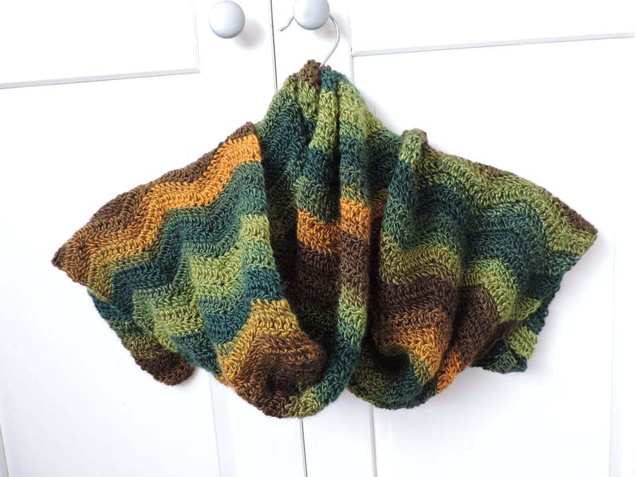 Crochet Zig Zag Scarf in Autumnal Greens Gold and Brown