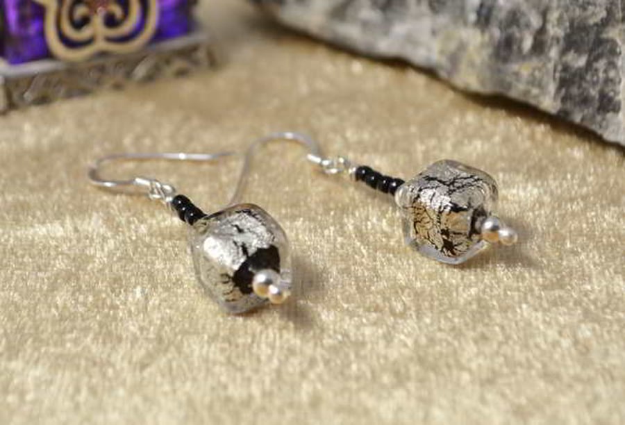 Silver & Black Murano Glass Earrings