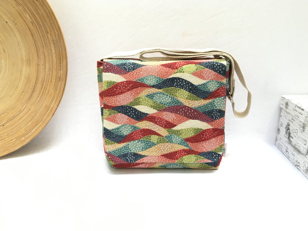 Tapestry shoulder bag, colourful tapestry bag, small messenger style handbag.