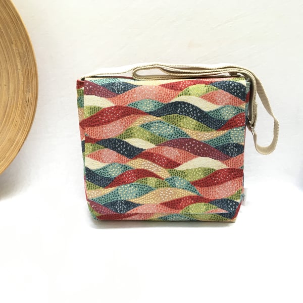 Tapestry shoulder bag, colourful tapestry bag, small messenger style handbag.