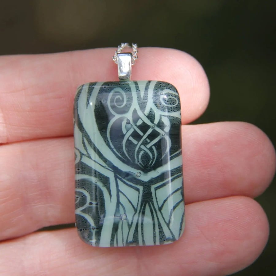  Pale green Art Nouveau glass pendant, fused glass Art Nouveau necklace F32