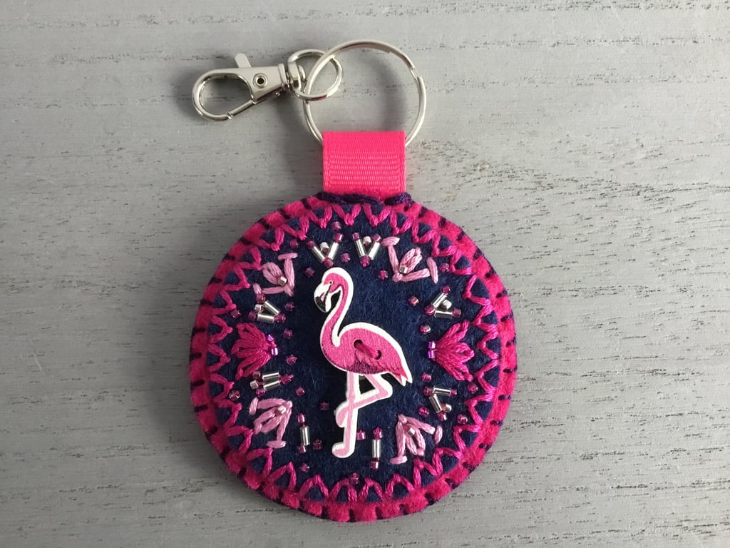 Hand Embroidered Flamingo Bag Charm or Key ring 