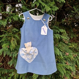 Age: 3-4yr Blue Elephant and Heart Applique Needlecord Dress