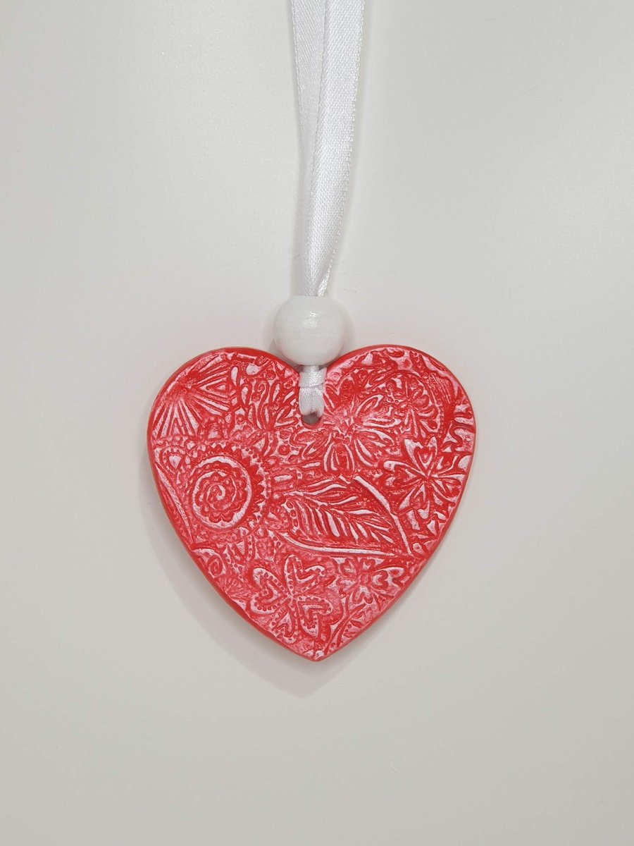 Heart, red and white clay heart decoration, floral embossed gift for her