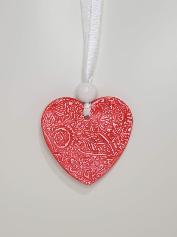Heart, red and white clay heart decoration, floral embossed gift for her