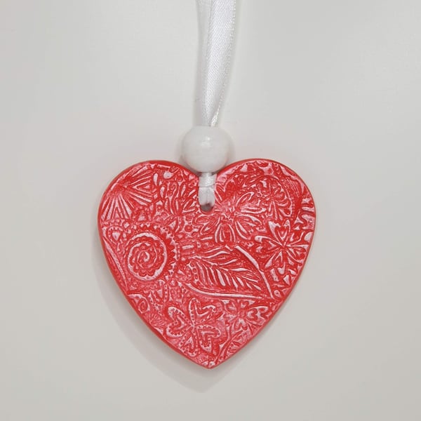 Heart, red and white clay heart decoration, floral embossed gift for her