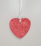 Heart, red and white clay heart decoration, floral embossed gift for her - Image 1