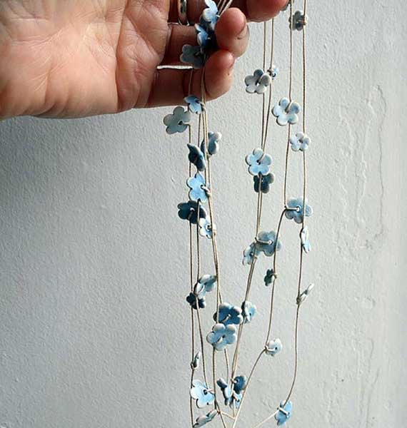 Forget-me-not blossom garland necklace-porcelain flowers with pale blue glaze