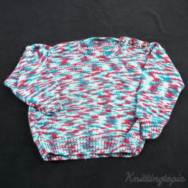Hand knitted childrens red and blue jumper  4 - 5 years boys girls