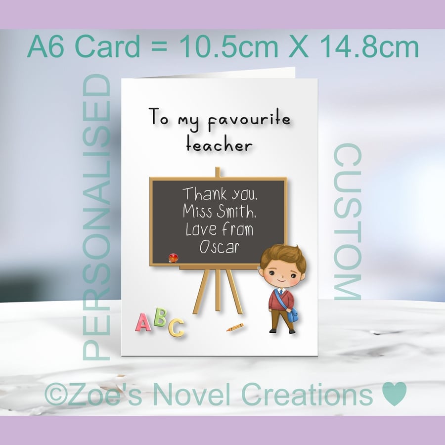 Thank you Teacher Greetings Card, personalised A6 10.5cm x 14.8cm