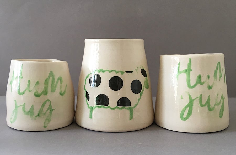 Set of 3 Bah Hum Jugs. Handmade ceramic pourers.