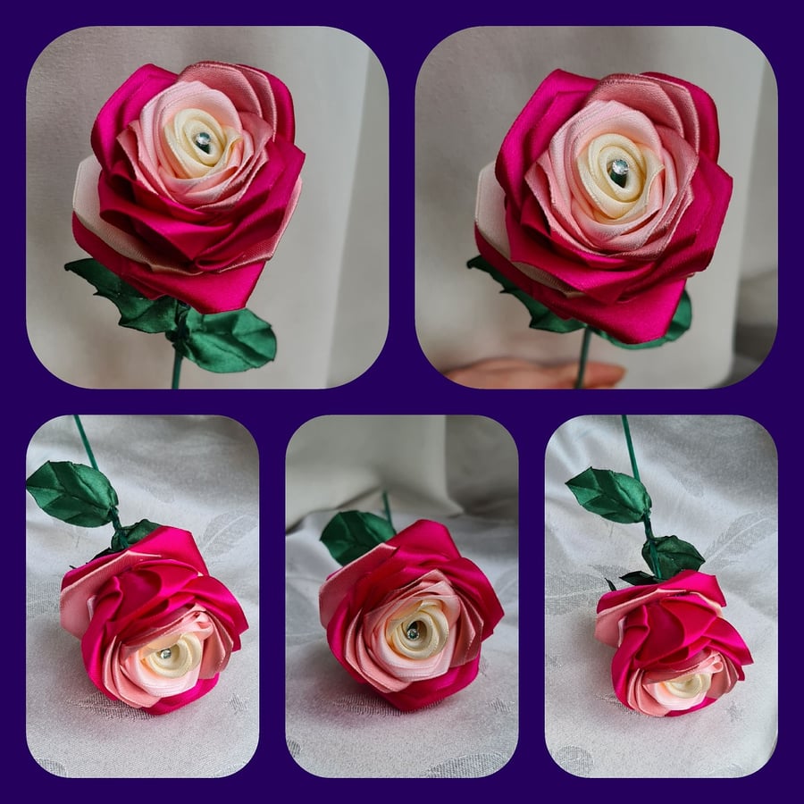 Gorgeous Handmade Raspberry Ripple Pink Ribbon Rose - Long Stem Flower Gift