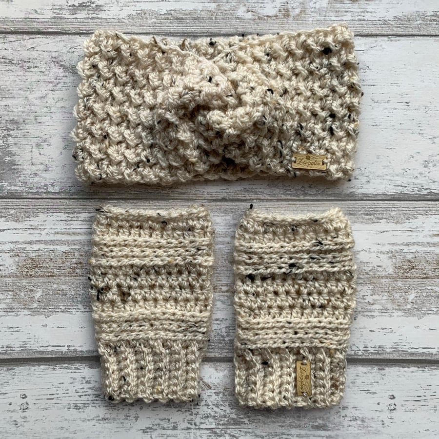 Handmade crochet ear warmer headband and wrist warmer set in cream tweed