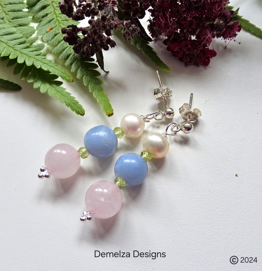 Aquamarine, Rose Quartz, Freshwater Pearls & Peridot 925 Stud Earrings 