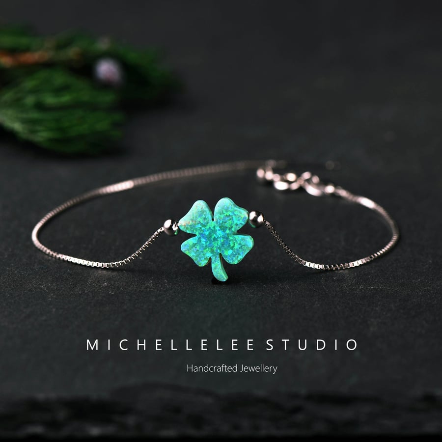 Green Opal Clover Bracelet With 925 Sterling Silver Chain