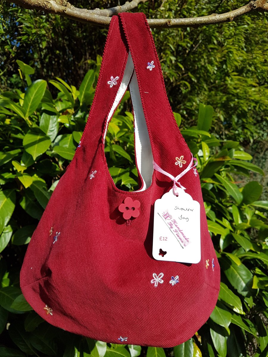 Children's Dark Red Flower Embroidered Needlecord Shoulder Bag 