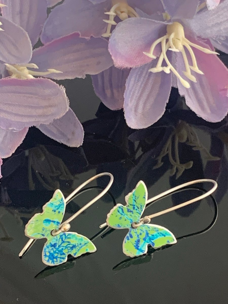 Printed Aluminium and sterling silver earrings - lime and blue butterfly drops