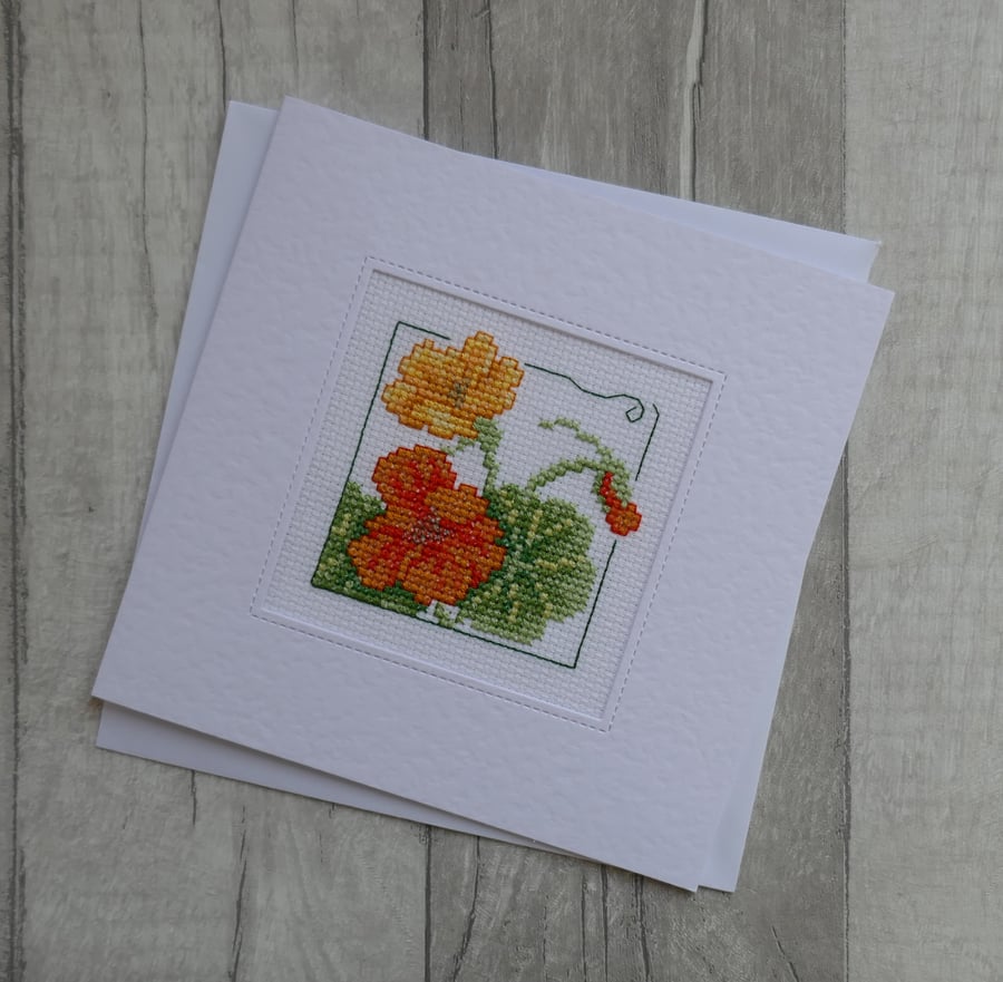 Cross Stitch Card with Orange Nasturtium