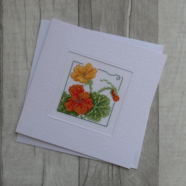 Cross Stitch Card with Orange Nasturtium