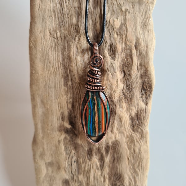 Handmade Funky Rainbow Calsilica & Copper Pendant Necklace Gift Boxed