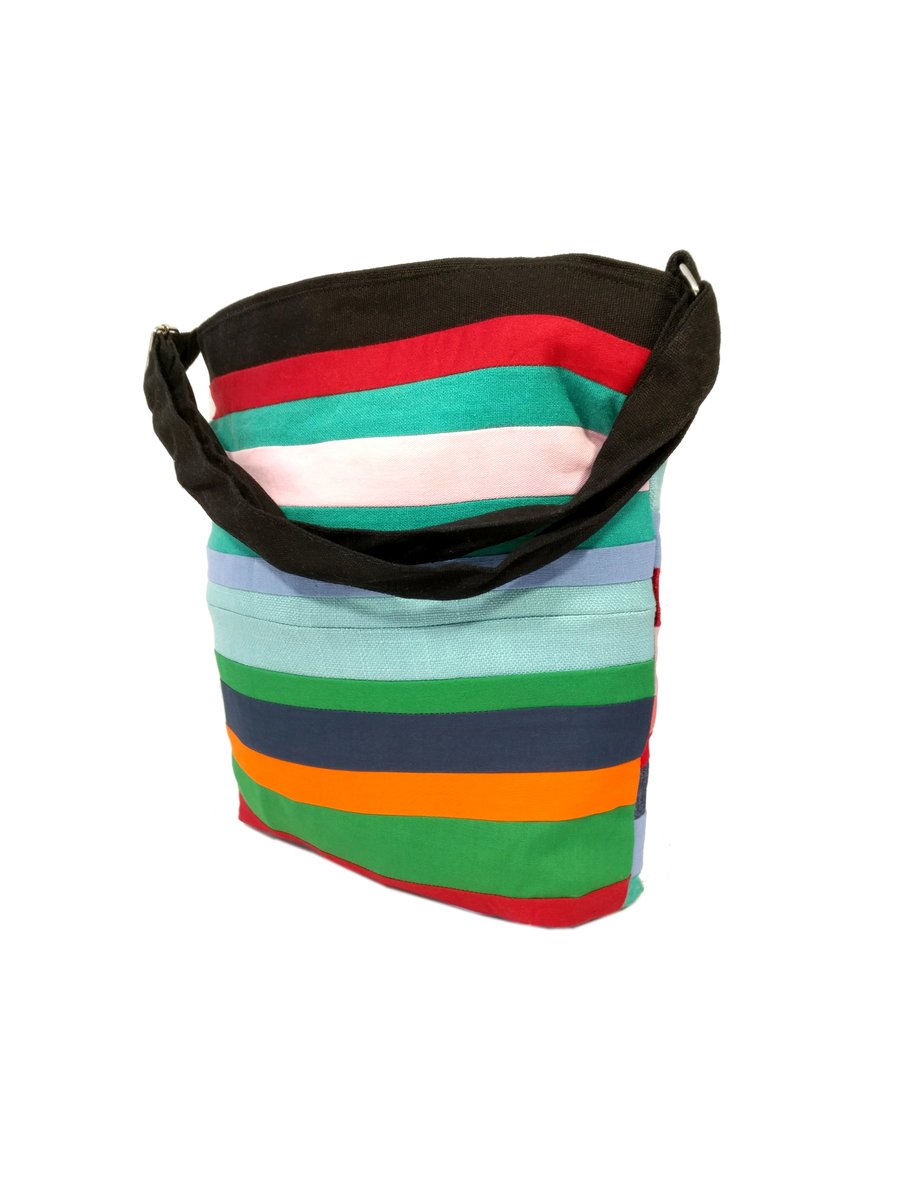 shoulder bag, stripy bag, adjustable shoulder bag, colourful bag, zipped