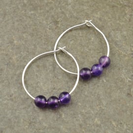 Boho 4mm Purple Amethyst Gemstone & 20mm Sterling Silver Hoop Earrings
